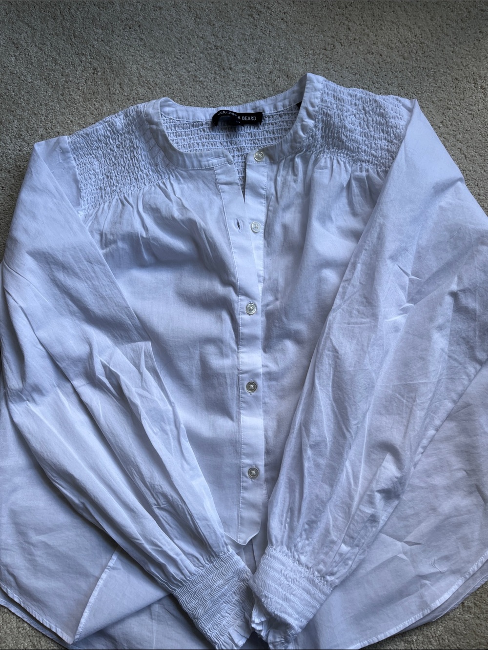 Veronica Beard White Smocked Yoke Button-Front Top